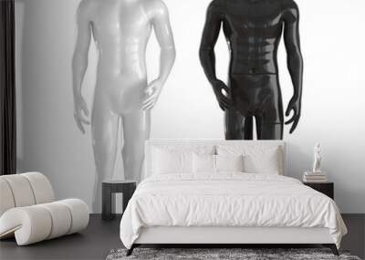 Two male mannequins white with an abstract face and black without a head on an isolated background. Front view. 3d rendering Wall mural