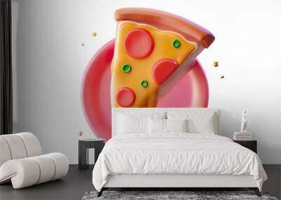 A slice of pizza with cheese and pepperoni on a pink plate Wall mural