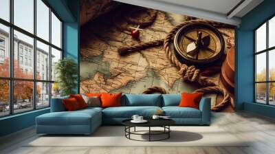 American flag and rope on treasure map on the table Wall mural