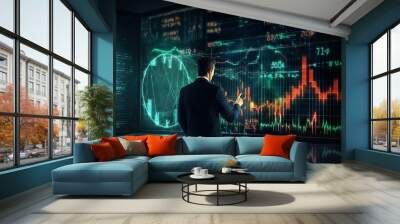 Businessman drawing virtual technical graph Wall mural