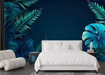 Collection of tropical leavesfoliage plant in blue Wall mural