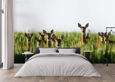 European roe deer herd in the green field. Wall mural