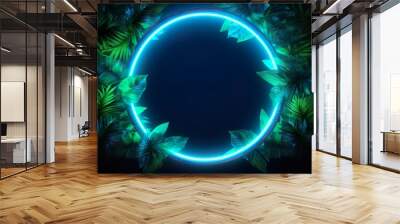 Green and Blue Neon Light with Tropical Leaves Wall mural