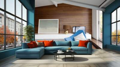 Horizontal wood panelling in mid century living room Wall mural