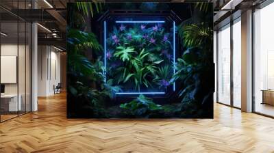 Tropical Leaves Illuminated with Blue and Green Wall mural