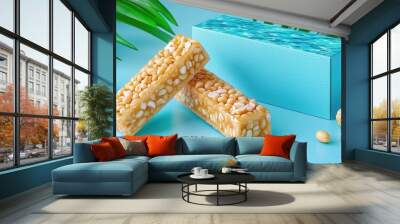 Salted peanut bar box, ocean-inspired blue tones, 3D illustration Wall mural