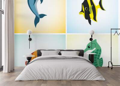 4 marine life on a colorful background Wall mural