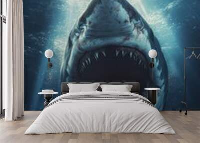 Ferocious Great White Shark Emerging from Ocean Depths with Sunlight Streaming Through Water Wall mural