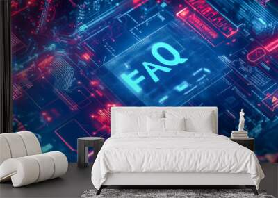 Futuristic FAQ Interface Design: Neon Digital Circuitry with Blue and Red Glow Wall mural