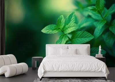 Lush Mint Leaves - A close-up of lush mint leaves in natural light, highlighting their fresh and vibrant green hues against a soft background. Wall mural