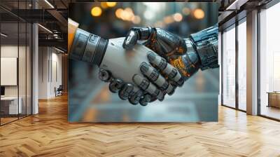 Robotic Handshake: Collaboration in Technology -Close-up of a handshake between two robotic arms, symbolizing advanced technology, AI collaboration, and futuristic partnership. Wall mural