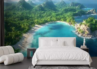 A stunning aerial view of a tropical paradise featuring lush green mountains, a serene turquoise bay, and a soft sandy beach under a bright blue sky, evoking a sense of tranquility. Wall mural