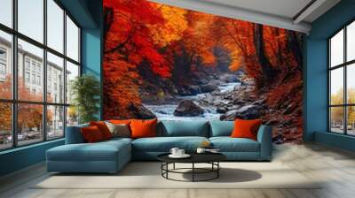 A tranquil stream flows through a forest with vibrant autumn foliage, showcasing the beauty of nature's colors. Wall mural