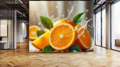 Citrus Splash: Oranges and Water Droplets Wall mural