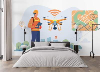 A man in a hard hat and safety vest operating a drone. He is standing in a city street, and there are buildings and trees in the background. Wall mural