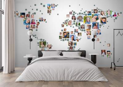 Collection of people portraits placed as world map shape. Global Business Concept Wall mural