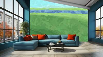 Landscape with river. Vector textured illustration with paint strokes Wall mural