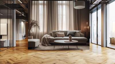 Cozy space with a sofa and long curtains in front of the window. Contemporary interior design style with light color tones and soft textures.  Wall mural