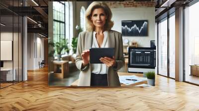 Professional Woman Using Tablet in Modern Office Wall mural