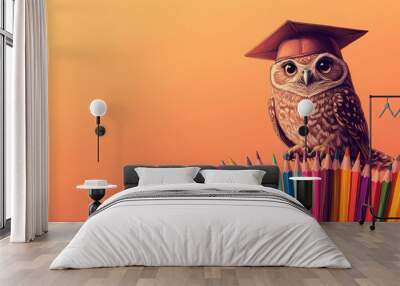 Wise owl in graduation cap perched on colorful pencils against a warm peach background. Symbol of academic achievement and knowledge. Perfect for educational themes. Wall mural