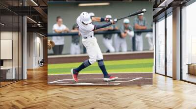 Young boy swinging the bat for a hit in a baseball game Wall mural