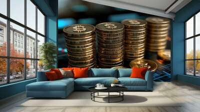 Stacks of golden coins with dollar signs on a digital financial background. Wall mural