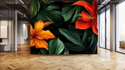 Vibrant orange and red tropical flowers bloom amidst lush green foliage, creating a vibrant and exotic pattern. Wall mural