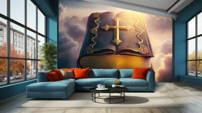 A bible in the golden cloudy sky created with generative AI technology. Wall mural