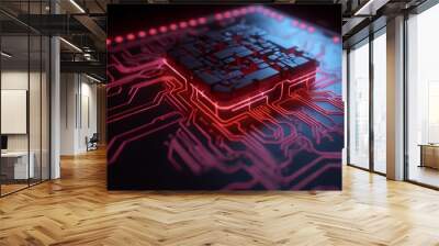 Closeup, red and circuit board hacking in engineering theft, cyber security scam and big data phishing. Ai generated, hack and motherboard with gdpr danger, neon and information protection virus Wall mural