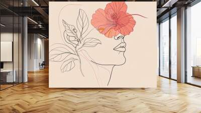 Women face in one line art style with flowers and leaves.Continuous line art in elegant style for prints, tattoos, posters, textile, cards etc. Beautiful woman face Vector illustration  Wall mural