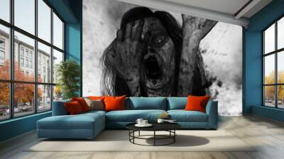 3d illustration of scary ghost woman screaming in the dark,Horror background,mixed media Wall mural