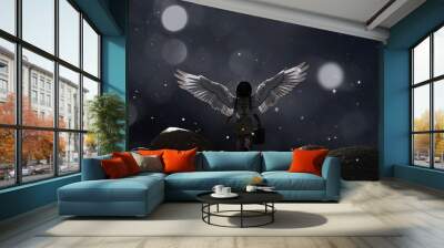 Little angel's adventure in starry night,3d illustration conceptual background Wall mural