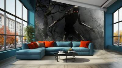 Nightmare with bogeyman,Boy enter to the haunted forest in his dream and discover a mythical creature call bogeyman in creepy forest,3d illustration Wall mural