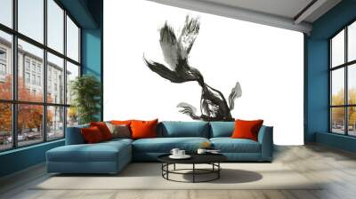 Abstract art of painting to gloden fish, Chinese Brush style is painting golden fish in black and white. isolate fish in white background. Wall mural