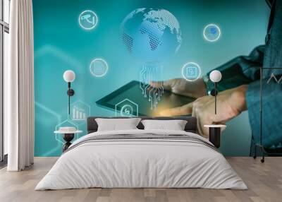 technology background, Businessman is pointing on tablet and searching the artificial intelligent to the information into global data network,the icons about internet of thing concept & effect filter Wall mural