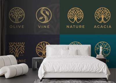 Abstract Tree of life logo icons set. Botanic plant nature symbols. Tree branch with leaves signs. Natural design elements emblem collection. Vector illustration. Wall mural