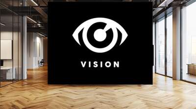 Abstract vision logo with white eye icon concept on black background. Vector illustration. Wall mural