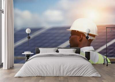 African man wearing safety helmet with solar panel bokeh background. Generative AI Wall mural