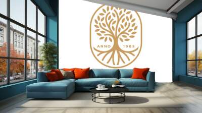 Arbor tree of life logo. Natural product plant growth icon. Botanical wellness spa sign. Eco nature garden emblem. Premium oak tree roots symbol. Vector illustration. Wall mural