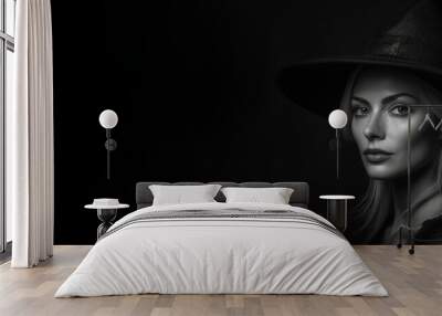 Black and white photorealistic studio portrait of a beautiful witch on black background. Generative AI illustration Wall mural