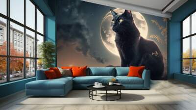 Black cat with full moon and surreal cosmic sky background illustration. Generative AI Wall mural