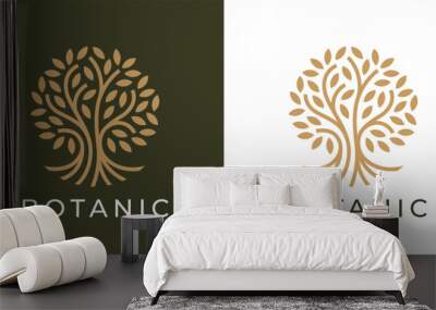 Botanic tree of life logo. Natural product plant icon. Botanical wellness spa sign. Luxury floral boutique nature emblem. Premium oak tree symbol. Vector illustration. Wall mural