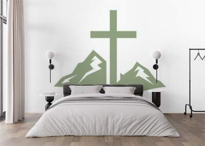 Christian cross on mountain icon. Church logo mark. Religious symbol. Vector illustration. Wall mural