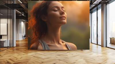 Close up of attractive lady meditating in nature. Generative AI illustration Wall mural