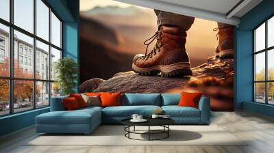 Close-up of male hiker hiking boots with scenic mountain background created with generative AI Wall mural