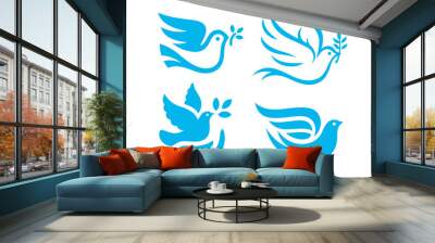 Flying dove icon set. Peace symbol collection. Peaceful animal silhouette logo signs. Vector illustration. Wall mural