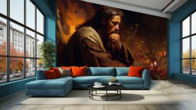 Jesus Christ praying in the garden of Gethsemane. Oil painting style Christian art Wall mural