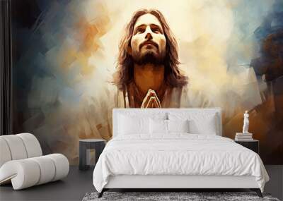 Jesus Christ praying out to God religious art. Generative AI painting Wall mural