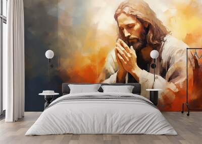 Jesus Christ praying out to God religious art. Generative AI painting Wall mural