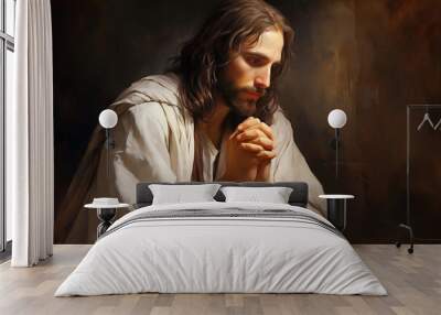 Jesus Christ praying out to God religious art. Generative AI painting Wall mural